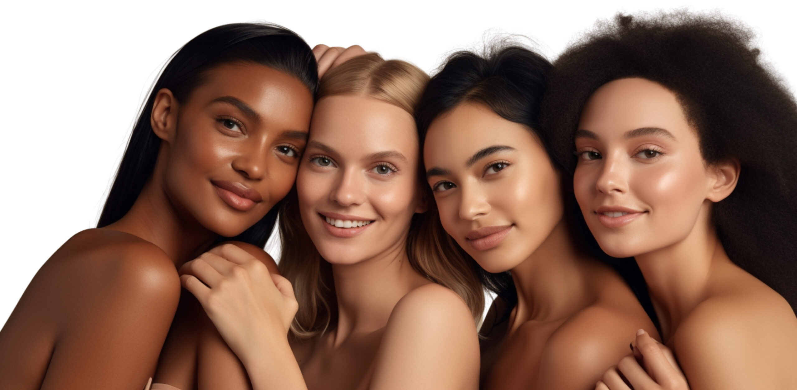 Four Beautiful women. Multi Ethnic Group of Womens with different types of skin together and looking on camera. Diverse ethnicity women - Caucasian, African and Asian posing and smiling against white background | Healthy Glow Medical in Orlando, FL